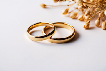 Warm colored wedding bands against a backdrop of dry flowers, depicting a timeless and mature love