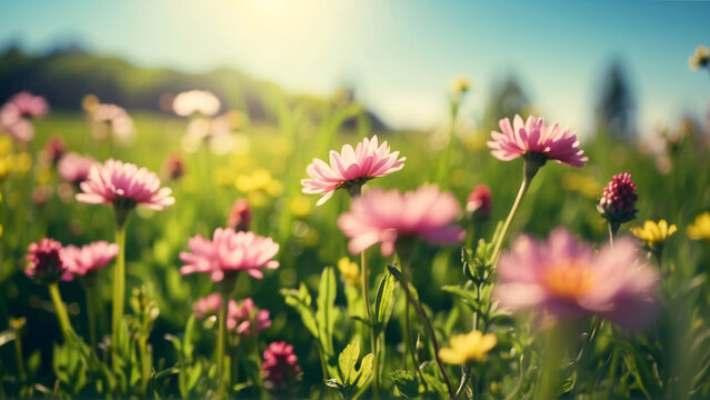 A tranquil field of pink daisies captures the essence of spring with sunlight filtering through trees