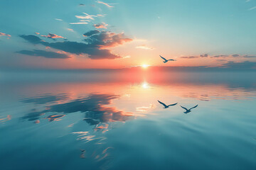 calm body of water reflecting the serene sky above. In the distance. AI generative