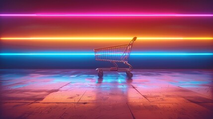 Neon lights above shopping cart in empty space