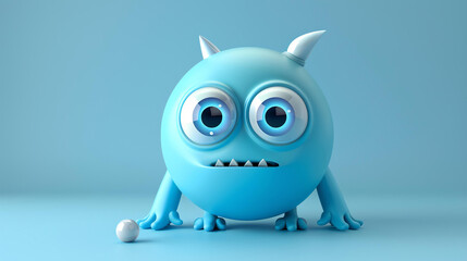 Cute blue cartoon monster with big eyes and horns. 3D rendering.