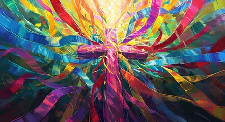 Resurrection Celebration: A Vibrant Christian Cross Adorned with Colorful Ribbons