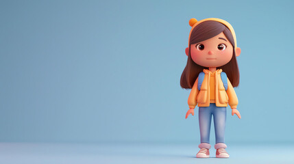 Little cute girl in yellow jacket and blue jeans standing on blue background. 3D rendering.