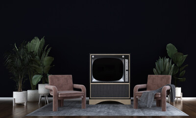The interior design concept of modern living room and retro televiosion on black wall background and wooden floor. 3d rendering. - 766982357