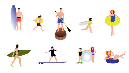 Fototapeta na wymiar People on beach . Men, women and kids characters performing summer sports and leisure outdoor activities, playing games, water sport Line art flat vector illustration