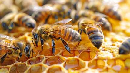 Amidst the lush greenery of a sun-dappled garden, a hive of honeybees buzzes with activity as they tirelessly work to fill their honeycombs with the fruits of their labor, each tin