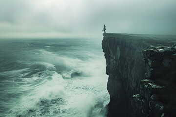 A solitary figure stands at the edge of a cliff overlooking a vast, stormy sea, symbolizing the uncertainty and risk inherent in financial investments. - obrazy, fototapety, plakaty