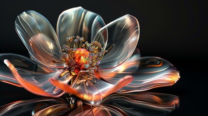 3D rendering of a beautiful flower with transparent petals. The flower is in full bloom and has a bright orange center.