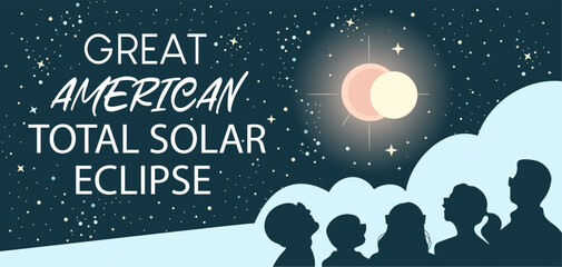 Great American total solar eclipse banner. People in glasses watching solar eclipse. 