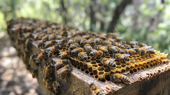 Amidst the lush greenery of a sun-dappled garden, a hive of honeybees buzzes with activity as they tirelessly work to fill their honeycombs with the fruits of their labor, each tin