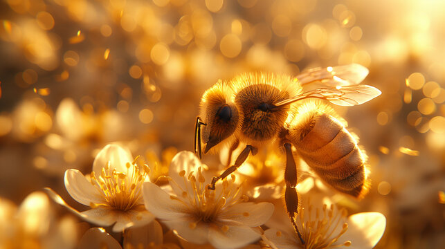 In the heart of a sun-drenched orchard, a hive of bees busily tends to their honeycombs, their delicate wings shimmering in the golden light as they flit from flower to flower, eac