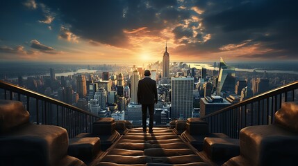 Businessman standing on the stairs and looking at the city at sunset - obrazy, fototapety, plakaty
