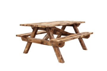 Wooden Picnic Table on White Background. On a Clear PNG or White Background.