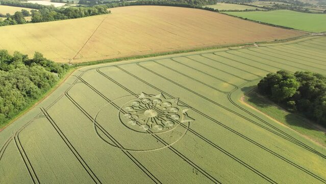 Crop Circle And Green Fields In Owslebury, England - Aerial Drone Shot