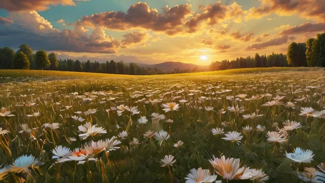 Beautiful daisy field with the setting sun on the horizon.
