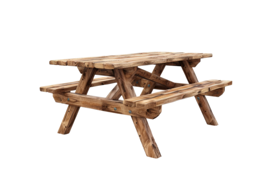 Wooden Picnic Table on White Background. On a Clear PNG or White Background.