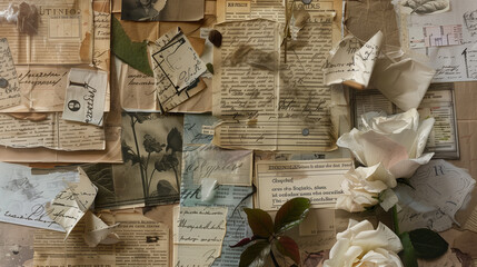 Vintage Ephemera Collage, Antique Letters and White Roses, Nostalgic Romantic Scrapbooking Background with Copy Space