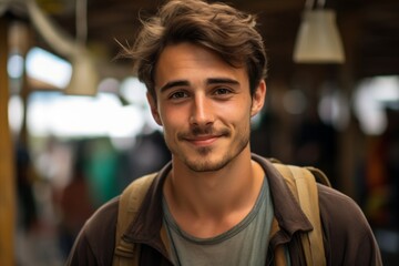 Portrait of a handsome young man with backpack in the city. - obrazy, fototapety, plakaty