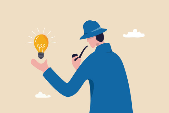 Finding idea, solution or search for new opportunity, discover new invention idea, creativity, innovation or curiosity concept, detective man hold bright lightbulb idea think to solve problem.