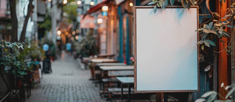 A white paper poster mockup is being showcased outdoors at a restaurant for marketing and business purposes.