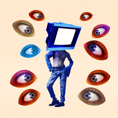 Person with monitor head, surrounded by eyes, privacy, digital identity, abstract concept....