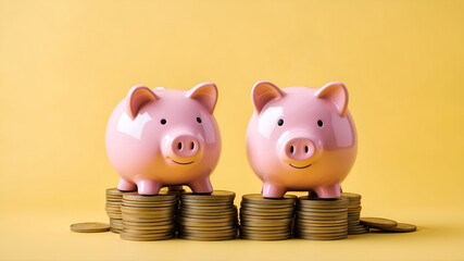 Two pink piggy bank above stacked coins with light yellow background. Business, finance, savings, investment, economy image theme.