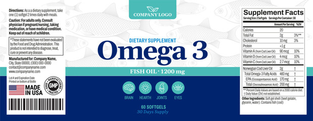 Omega 3 softgels Bottle Label vector packaging
