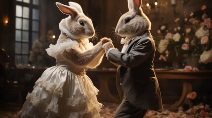 Elegant bunnies in formal attire dance ai generated anthropomorphic scene. - obrazy, fototapety, plakaty