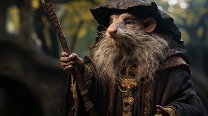 Whiskered rat wizard in enchanted forest ai generated character anthropomorphic - obrazy, fototapety, plakaty