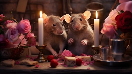 In candlelit two rats share romantic moment ai generated anthropomorphic scene - obrazy, fototapety, plakaty