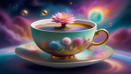 Obraz na płótnie Canvas An oil painting of a giant floating tea cup with a galaxy background