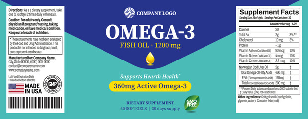 Omega 3 softgels Bottle Label vector packaging