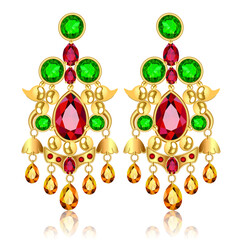 Illustration of jewelry gold earrings with precious stones isolated on white with reflection