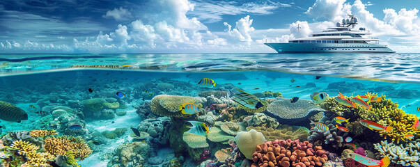 A luxurious yacht is stationed close to a reef, where visitors are snorkeling in the crystal-clear...