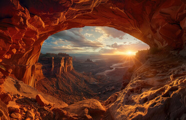 M dolmen arch in canyonlands national park, sunset through the rock formation