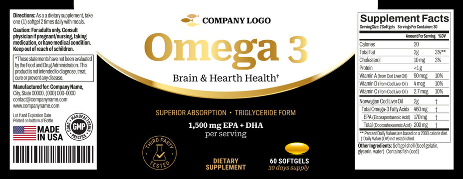Omega 3 softgels Bottle Label vector packaging