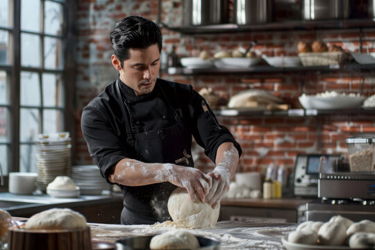 A chefs meticulous dough kneading in a state-of-the-art kitchen spaces.