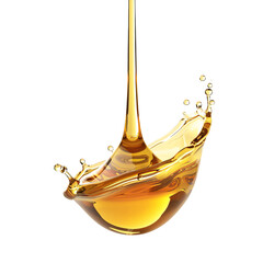 Gold color lubricant oil flowing with a smooth splash under gravity on an isolated background