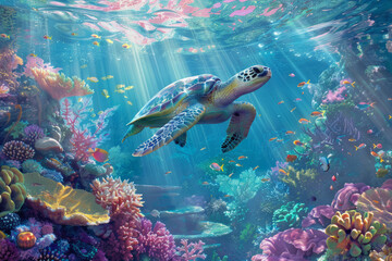 An underwater wonderland teeming with colorful coral reefs, playful sea turtles, and shimmering schools of fish. Sunlight filters through the crystal-clear water.