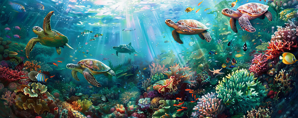 An underwater wonderland teeming with colorful coral reefs, playful sea turtles, and shimmering schools of fish. Sunlight filters through the crystal-clear water.