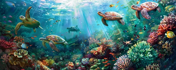 Fotobehang An underwater wonderland teeming with colorful coral reefs, playful sea turtles, and shimmering schools of fish. Sunlight filters through the crystal-clear water. © mihrzn