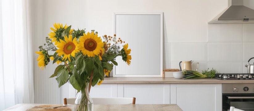 Summer bouquet featuring sunflowers in a vase on a dining table in a kitchen. Cozy minimalist home decorated with an empty art painting in a picture frame on a white wall.
