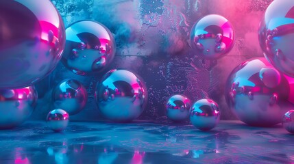 3D rendering. Pink and blue neon lights. Futuristic background with spheres. Abstract background. - obrazy, fototapety, plakaty
