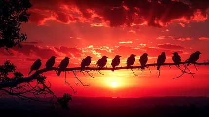 Fototapeten A group of birds sits on the tree at sunset © senadesign
