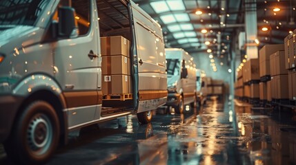 Logistics hub with vans loading cargo - obrazy, fototapety, plakaty