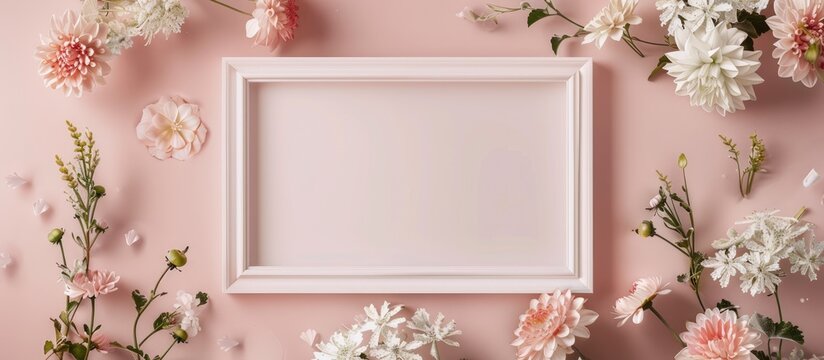 Mockup featuring a white frame decorated with flowers, designed for poster products.