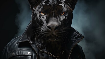 Majestic panther clad in leather jacket ai generated character anthropomorphic - obrazy, fototapety, plakaty
