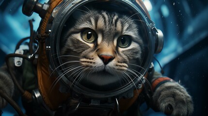 Striped cat clad in vintage astronaut helmet ai generated character anthropomorphic - obrazy, fototapety, plakaty