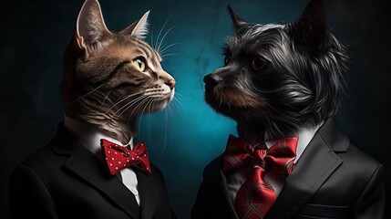 Elegant cat and dog gaze at each other ai generated anthropomorphic scene