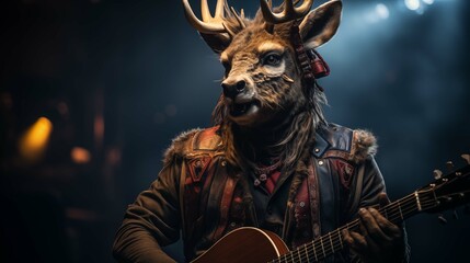 Rockstar deer passionately performs with guitar ai generated character anthropomorphic - obrazy, fototapety, plakaty